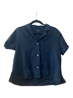 Quince 100% Linen Black Button Front Blouse S Cropped Boxy Top Minimalist